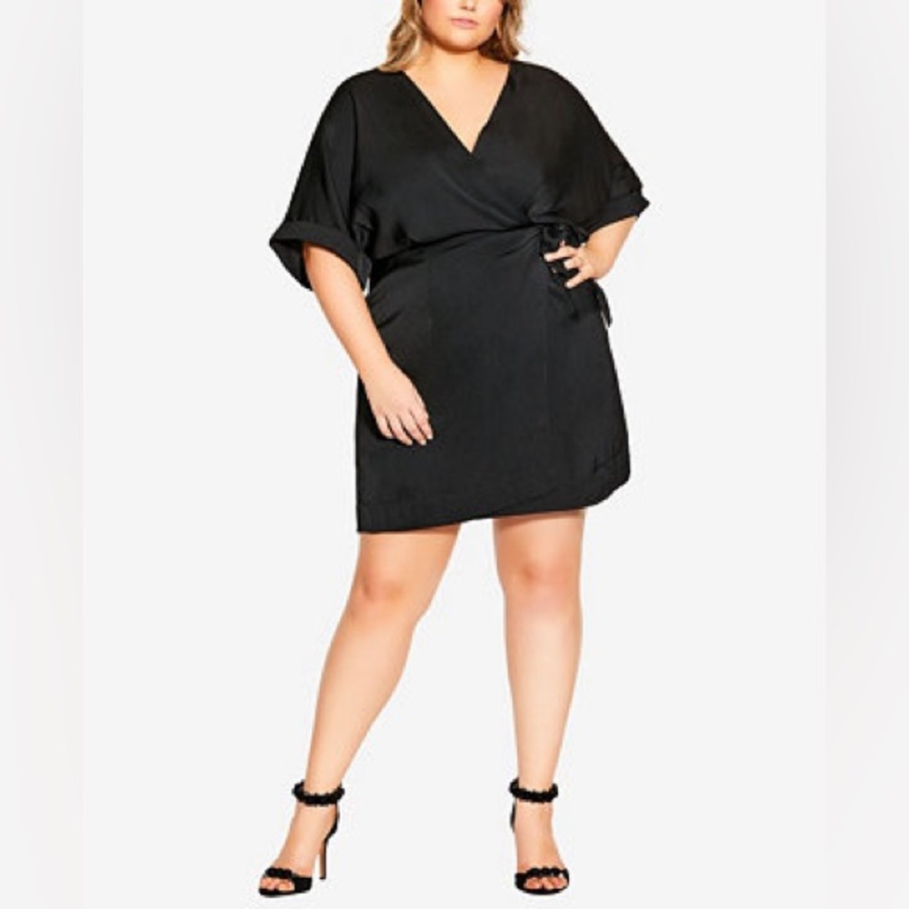 City Chic Uplifted Black Satin Wrap Mini Dress Size 16